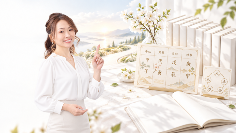 四柱推命の命式と五行を示すボードと、講師 森田江梨子